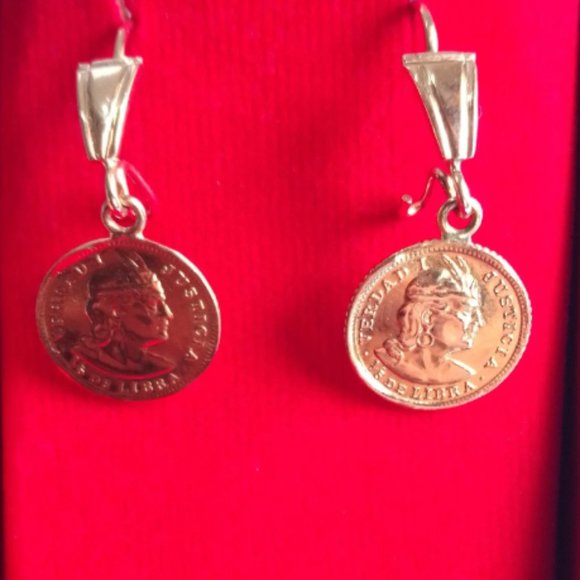 Peruvian Antique Coin Earrings - 18k Solid Gold - Picture 3 of 8